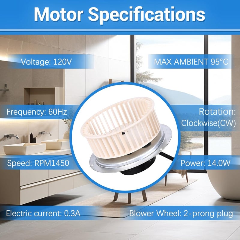 MOHTOL ترقية محرك مروحة الحمام QT-100L QT-110-B QT-110N-B QT-90N-B وعجلة النفخ تناسب جميع مروحات Nutone QT-90N-B QT110 QT100 QT9093WH QT-80-B استبدال محرك مروحة العادم 0696B000 100CFM 3.5 سون - Image 4
